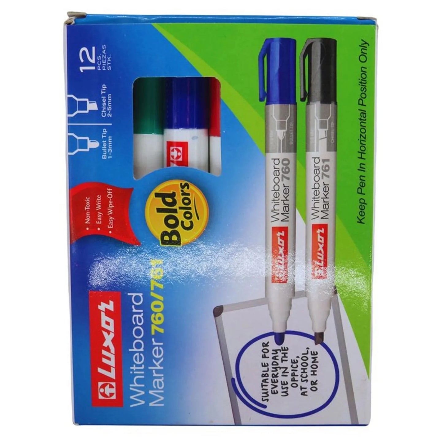 Luxor Jumbo Whiteboard Markers 760/761 – 12 Pack Assorted Colours | 5 Black, 4 Blue, 2 Red, 1 Green | Art No. 3390