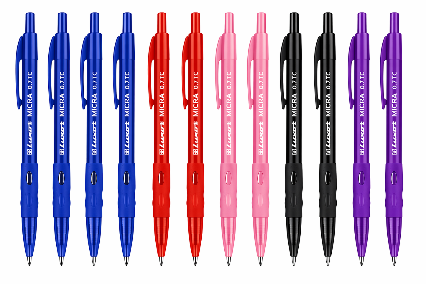 Luxor Micra Ball Pen – 12 Pack Assorted Colours | 4 Blue, 2 Red, 2 Pink, 2 Black, 2 Purple | Retractable | Art No. 1780/12Box