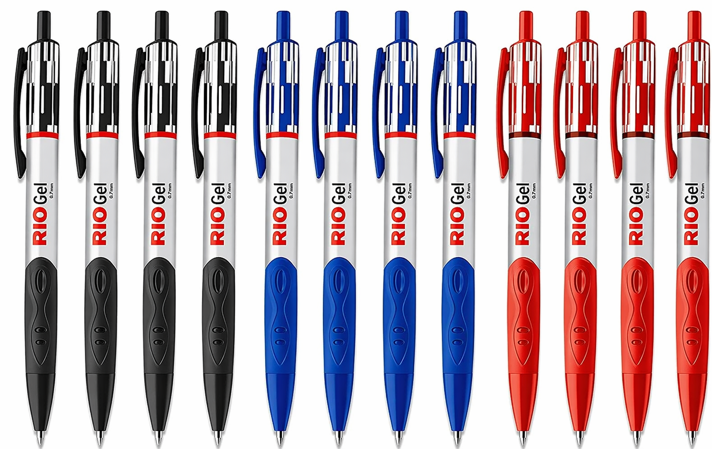 Luxor Rio Gel Pen 0.7 mm – 12 Pack Assorted Colours | 4 Black, 4 Blue, 4 Red | Retractable Ball Tip | Art No. 7810